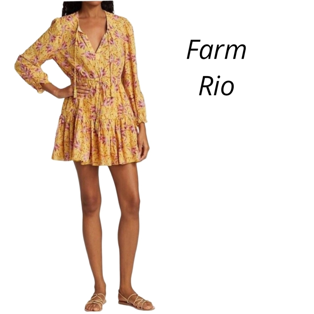 Farm Rio Banana Sunshini Mini Ling Sleeve Dress Size Xs Yellow Tones